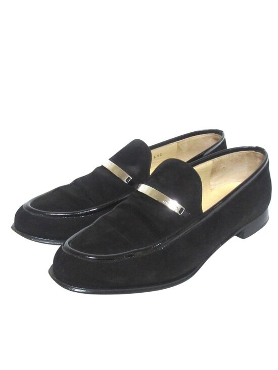 Gucci Shoes - Gucci Logo Plate Suede Leather Loafers Shoes Black Silver